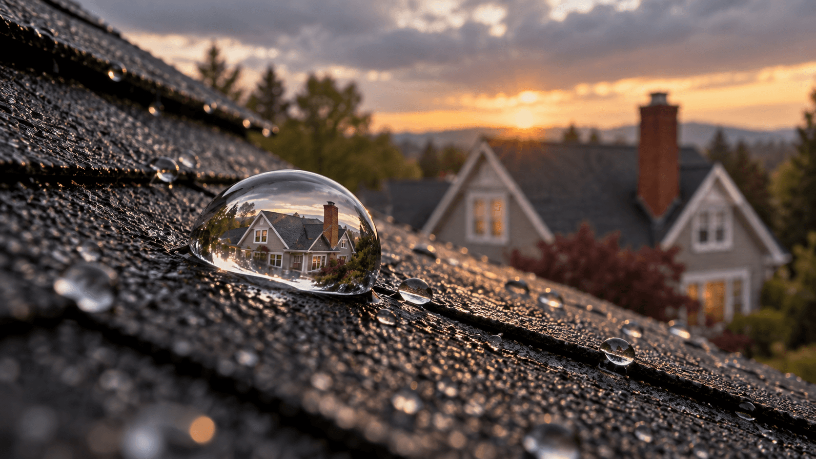Word-free photo composite of a home refracted in a raindrop on roof shingles
