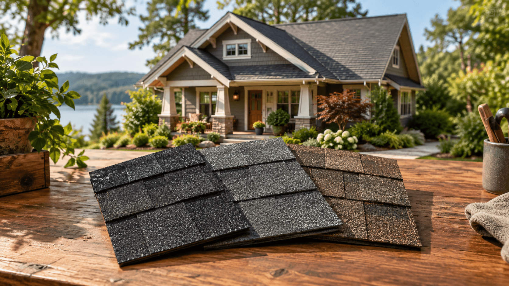 Word-free photo composite of roofing samples and a miniature craftsman house