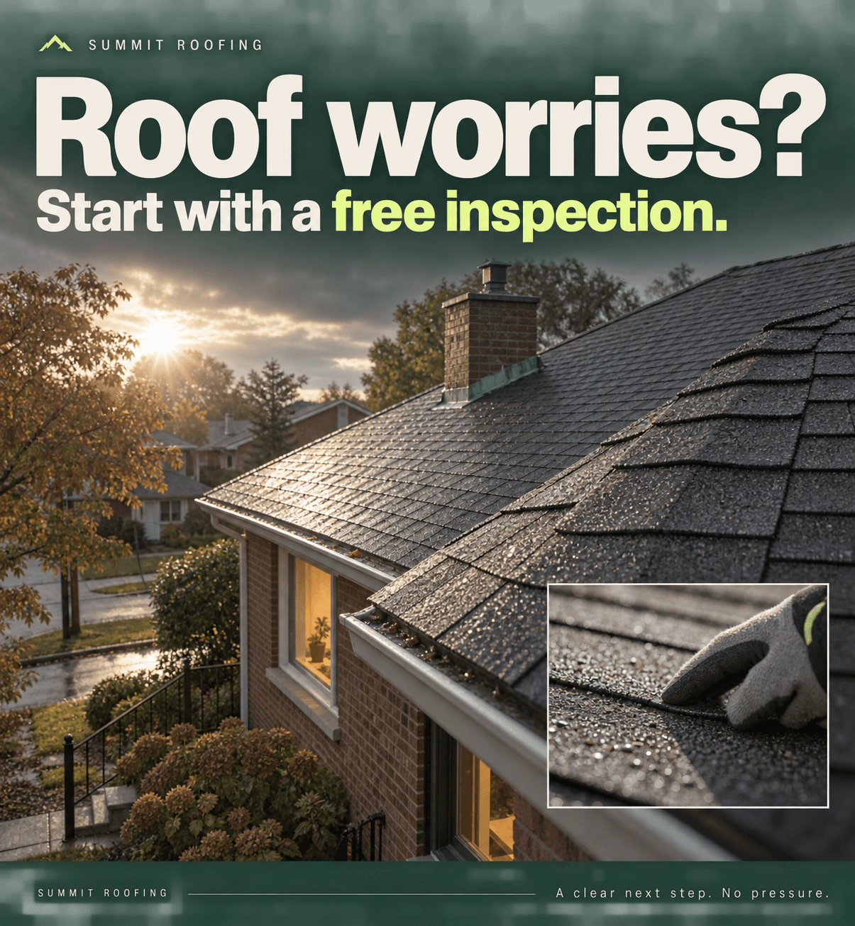 Summit Roofing ad: Roof worries? Start with a free inspection. Detailed roof photography and a hands-on inspection inset.