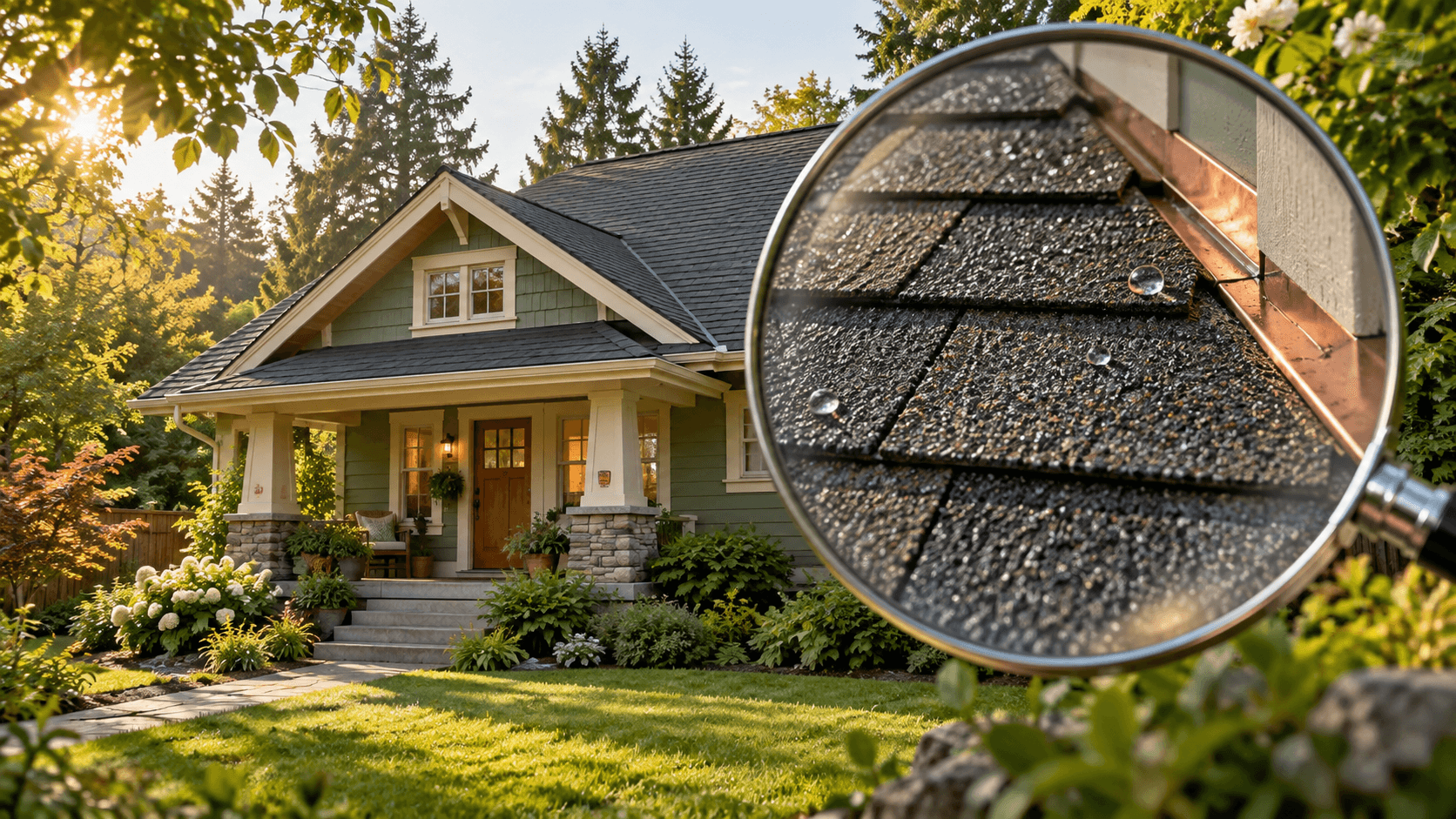 Word-free Summit native creative: a magnifying lens reveals the texture of a neighborhood home's roof