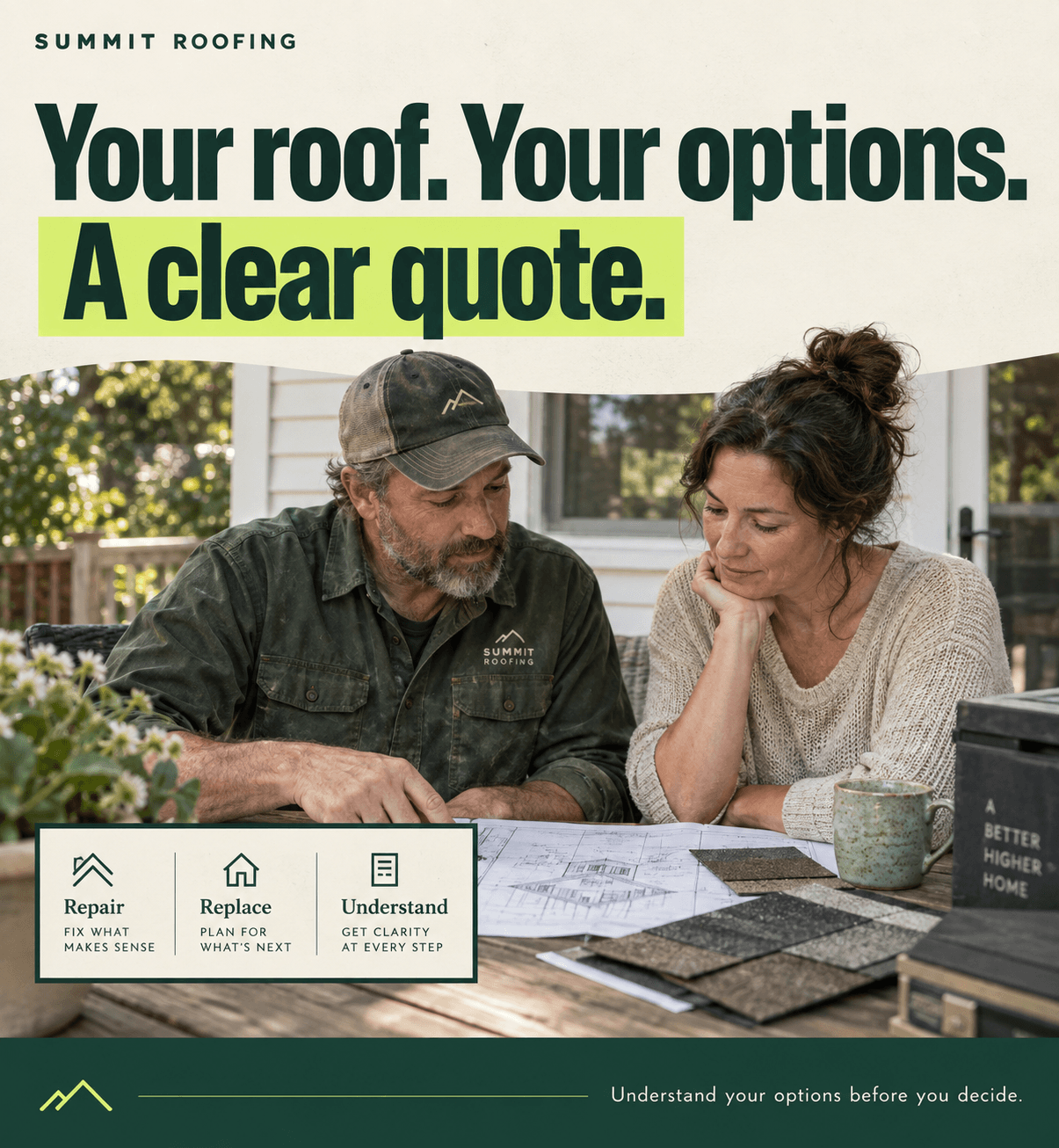 Summit Roofing ad: Your roof. Your options. A clear quote. A roofer and homeowner reviewing plans together.